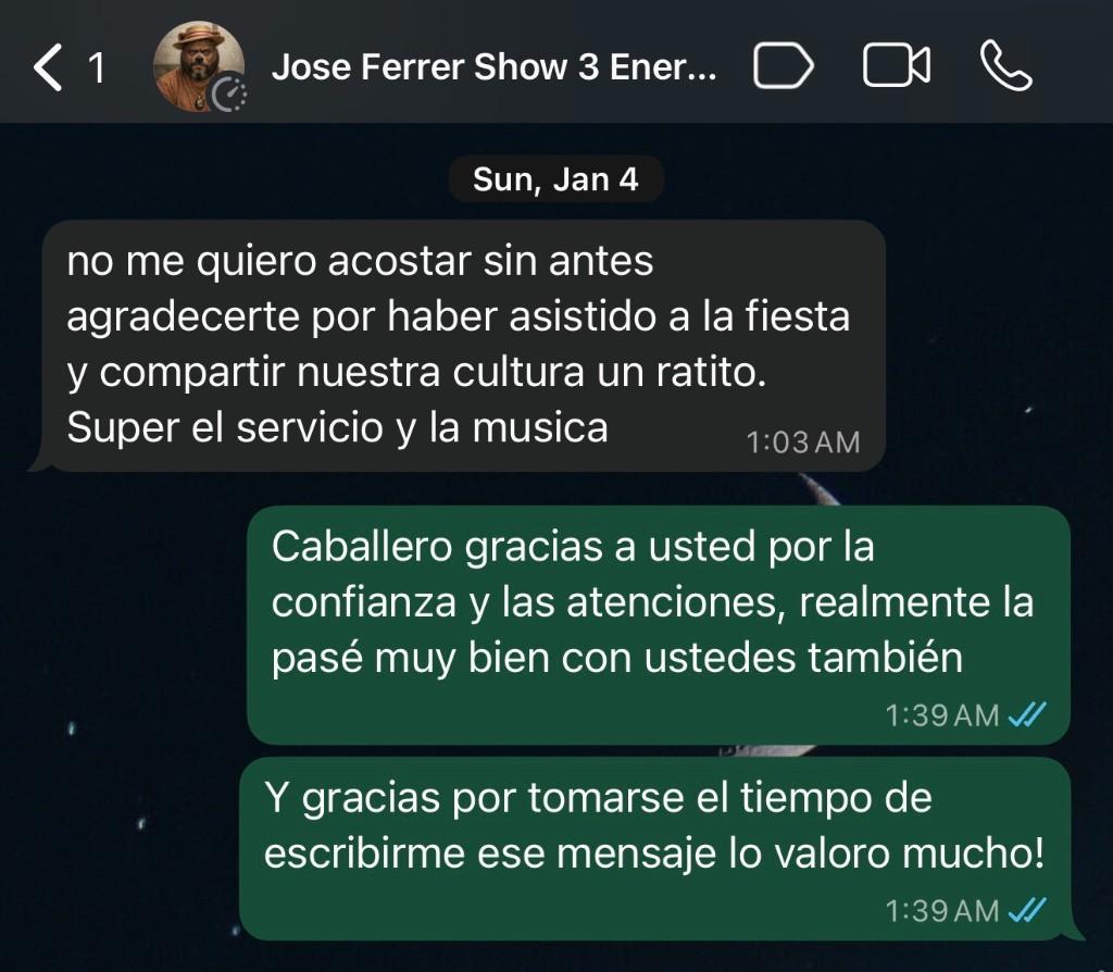 Captura de WhatsApp: Jose Ferrer agradece a Evin la música en su celebración del Día de Reyes