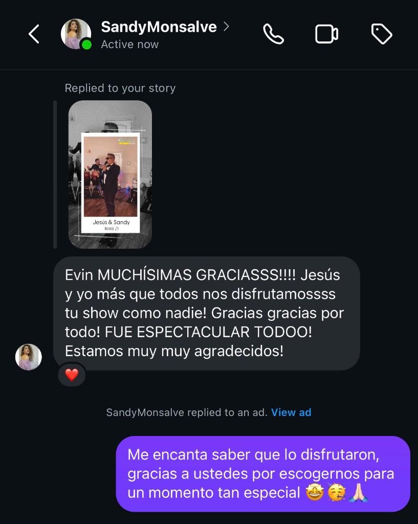 Captura de Instagram: Sandy Monsalve agradece a Evin el show en su boda